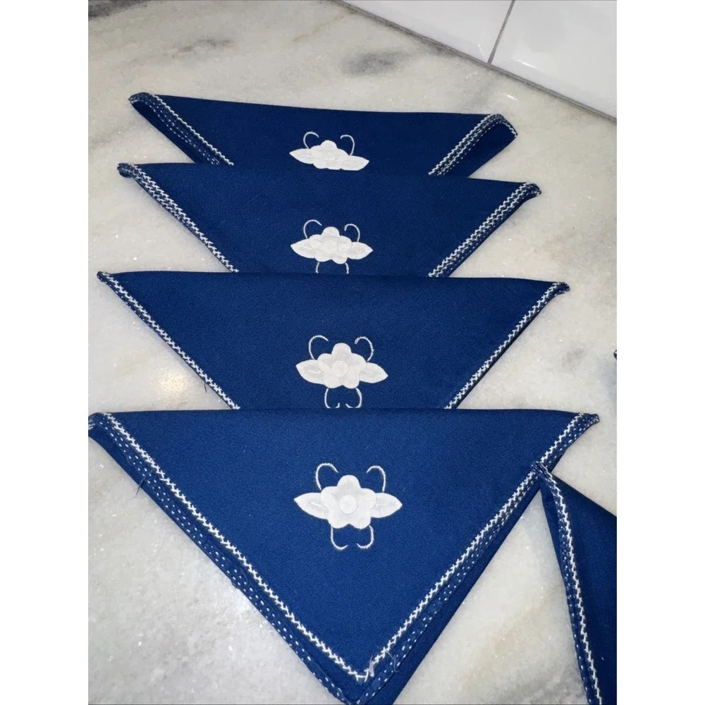 Vintage Navy Blue Applaud White Flowers Napkins Set Of‎ 8